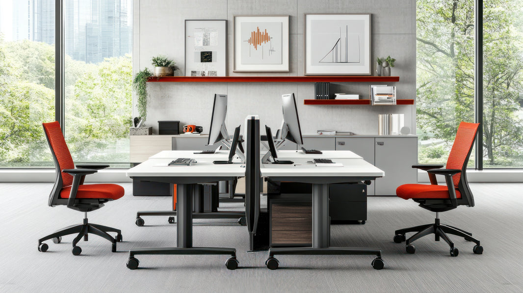 modern office furniture setup with desks chairs and workspace design & nbsp;